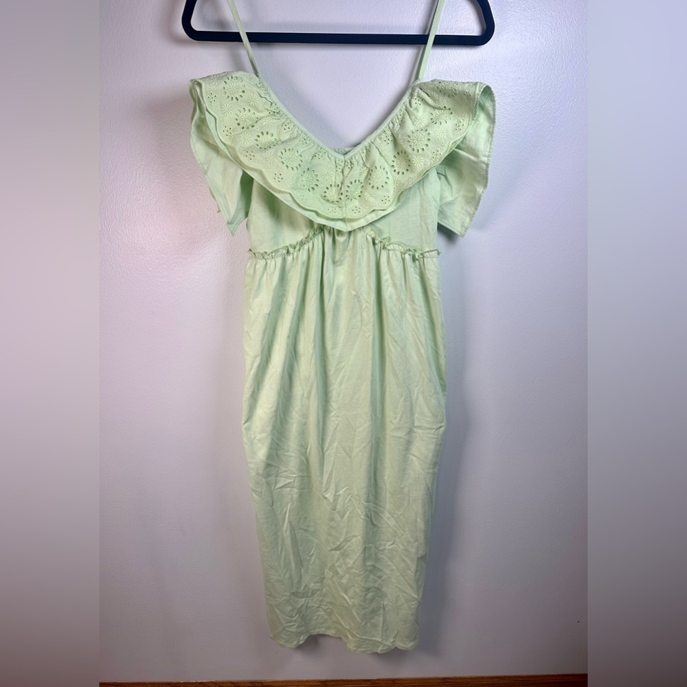 Zara Mint Green Ruffle Midi Dress Eyelet trim size Medium Cotton